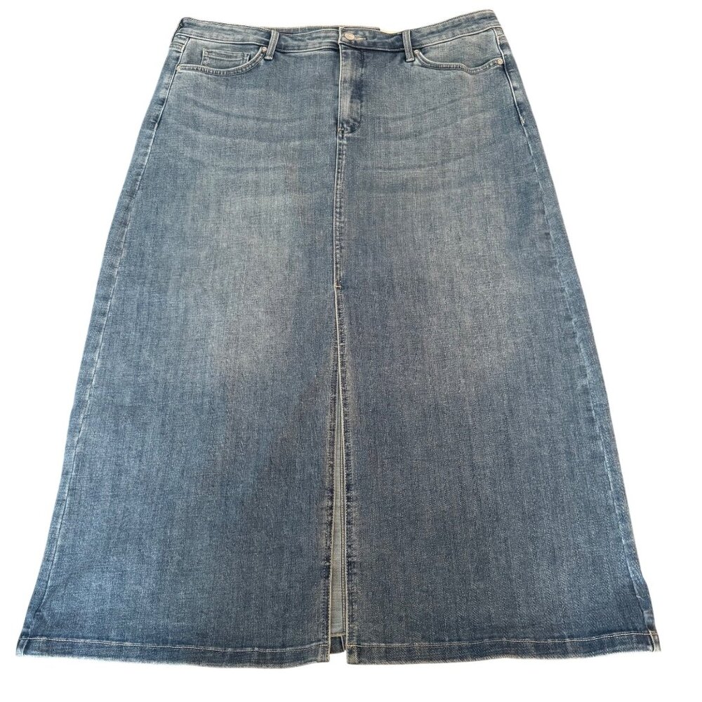NYDJ High Rise Long Skirt Center Front Slit Women's Blue Denim, Size 16 NWT